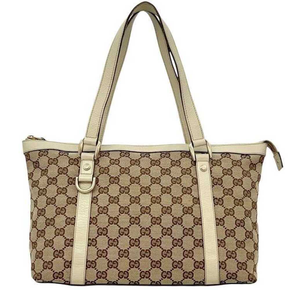 Gucci GG Canvas Leather Tote Bag Beige Tan
